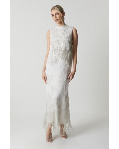 Coast Premium Organza Overlay Beaded Fringe Column Wedding Dress - White