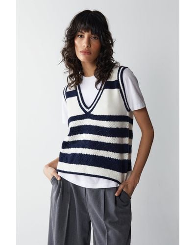 Warehouse Knitted Crochet Pointelle Stripe Jumper Vest - Blue