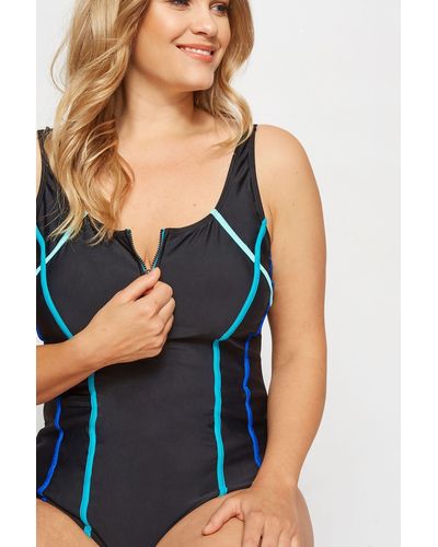 Yours Zip Piped Tummy Control Swimsuit - Blue