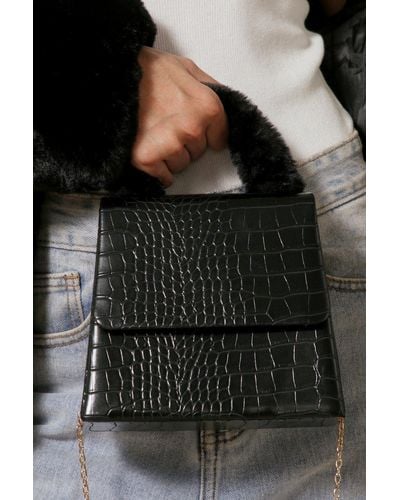 MissPap Croc Faux Fur Handle Grab Bag - Black