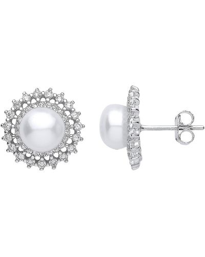 Jewelco London Silver Cz Pearl Full Moon Star Burst Stud Earrings 7mm - Gve904 - Metallic
