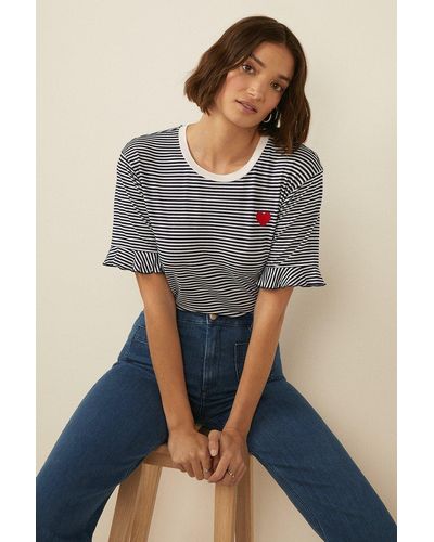 Oasis Embroidered Heart Stripe Frill Sleeve T Shirt - Grey