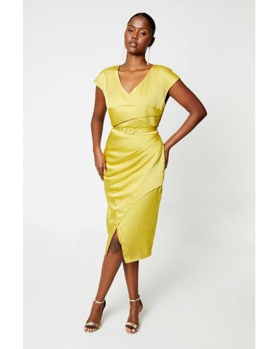 Coast Satin Pencil Dress With Pleat Side - Yellow