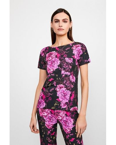 Karen Millen Lounge Jersey Floral Short Sleeve Top - Pink