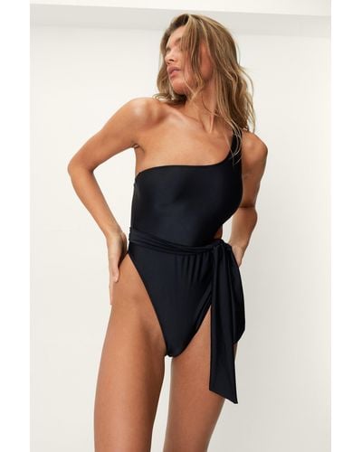 Nasty Gal Recycled One Shoulder Cut Out Belted Swimsuit - Blue