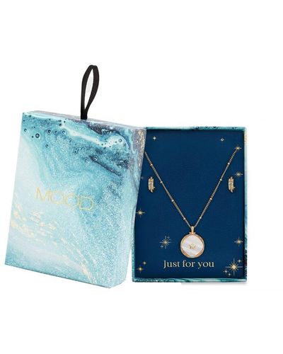 Mood Gold Mother Of Pearl Round Star Charm Pendant And Earring Set - Gift Boxed - Blue