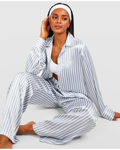 Boohoo Contrast Stripe Satin Pyjama Trouser Set - White