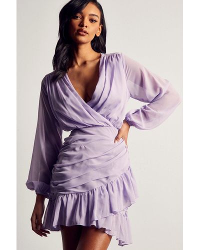 MissPap Chiffon Ruched Frill Detail Mini Dress - Purple