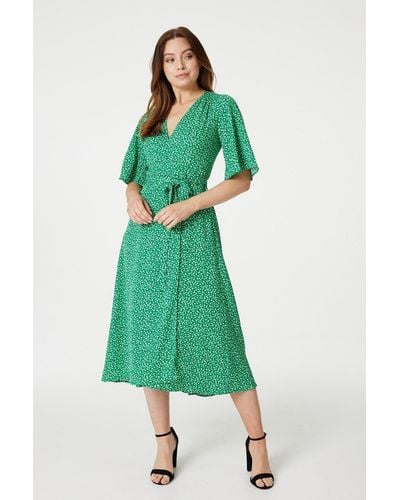 Izabel London Ditsy Floral Midi Wrap Tea Dress - Green