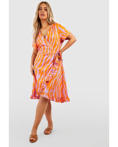 Boohoo Plus Tiger Print Wrap Midi Dress - Orange