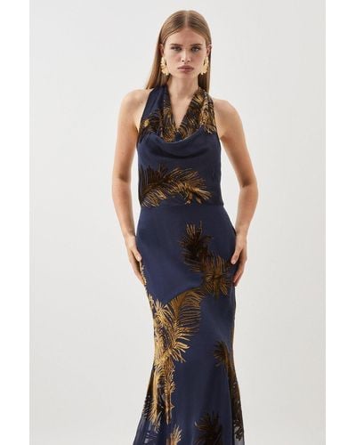 Karen Millen Tall Feather Devore Halter Neck Woven Midi Dress - Blue