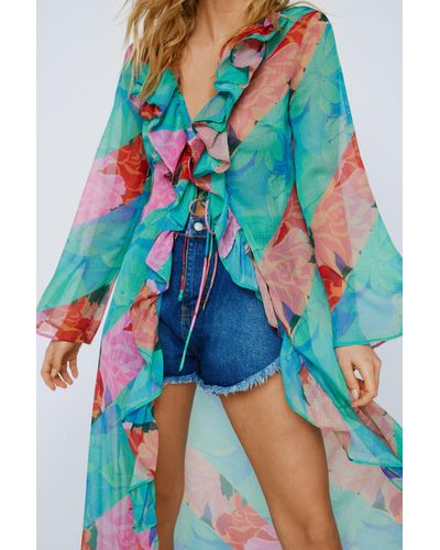 Nasty Gal Floral Stripe Ruffle Chiffon Maxi Top - Blue