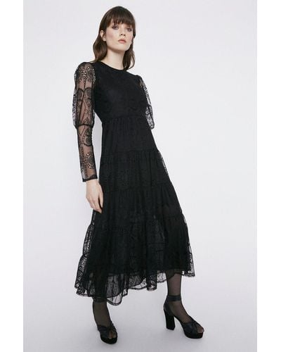 Warehouse Lace Tiered Midi Dress - Black