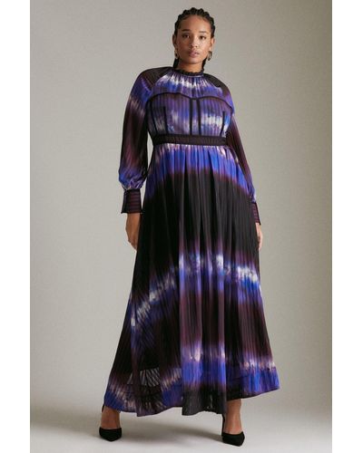 Karen Millen Plus Size Tie Dye Woven Tape Detail Drama Dress - Blue