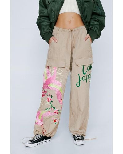 Nasty Gal Petite Embroidered Parachute Nylon Cargo Trousers - Multicolour