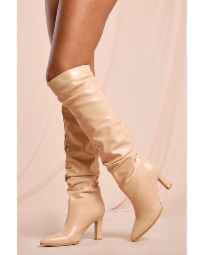 MissPap Ruched Leather Look Knee Length Heeled Boot - Natural