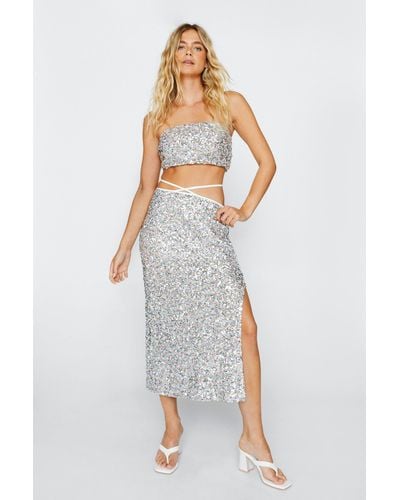 Nasty Gal Sequin Bandeau Crop Top And Midi Skirt - White