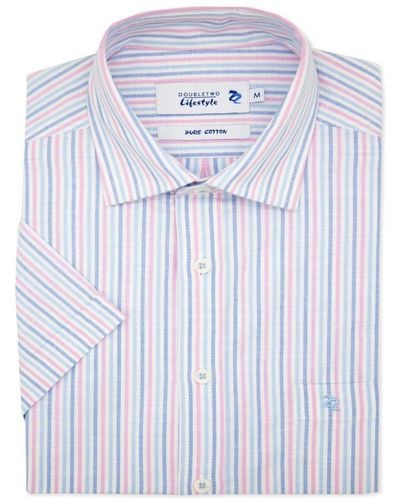 Double Two Blue & Pink Striped Short Sleeve Casual Shirt