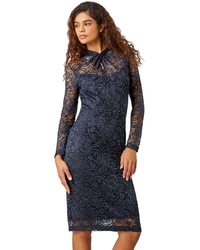 Roman Glitter Lace Twist Neck Stretch Dress in Blue Lyst UK