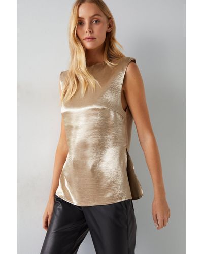 Warehouse Metallic Satin Shoulder Pad Tank Top - Natural