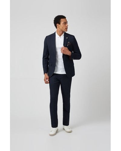 Burton Navy Gingham Check Slim Fit Suit Trouser - Blue