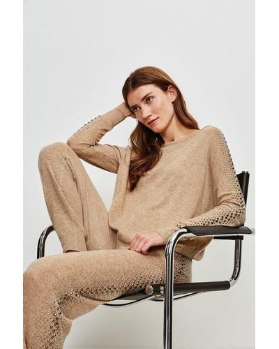 Karen Millen Embellished Knitted Slouchy Jumper - Natural