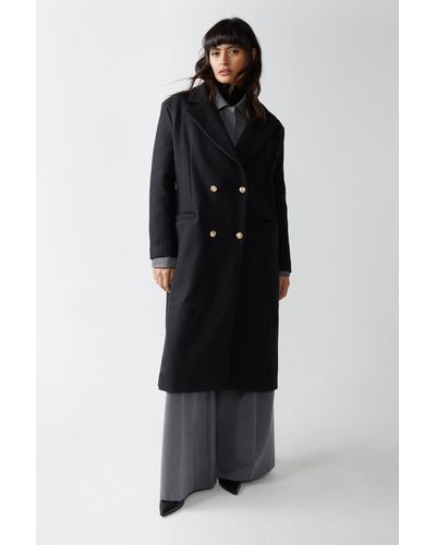 Warehouse Wool Look Double Breasted Coat - Black