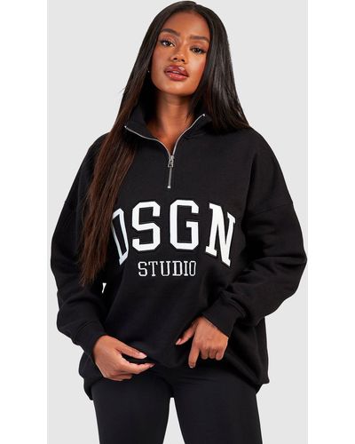 Boohoo Dsgn Studio Applique Half Zip Oversized Sweatshirt - Black