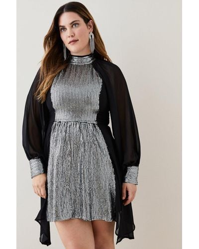 Karen Millen Plus Size Sequin Georgette Woven Mini Dress - Grey
