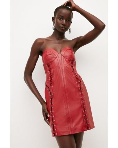 Karen Millen Leather Lace Up Mini Dress - Red