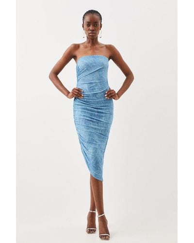 Karen Millen Jersey Denim Print Bandeau Midi Dress - Blue