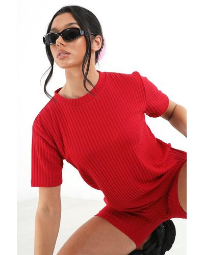 Brave Soul 'naya' Oversized T-shirt & Cycling Shirts Lounge Set - Red