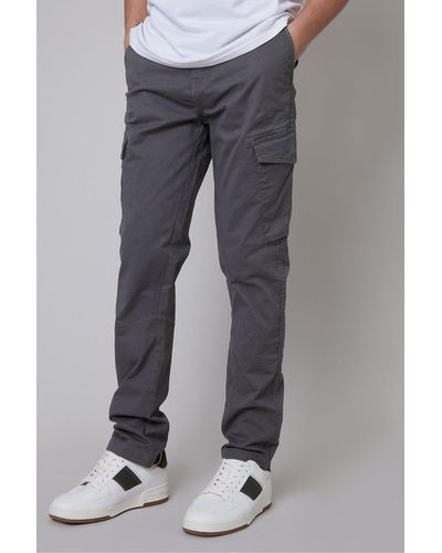 Threadbare 'drill' Cotton Cargo Trousers With Stretch - Grey