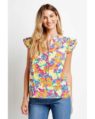 Wallis Sunshine Floral Poplin Ruffle Sleeve Top - White