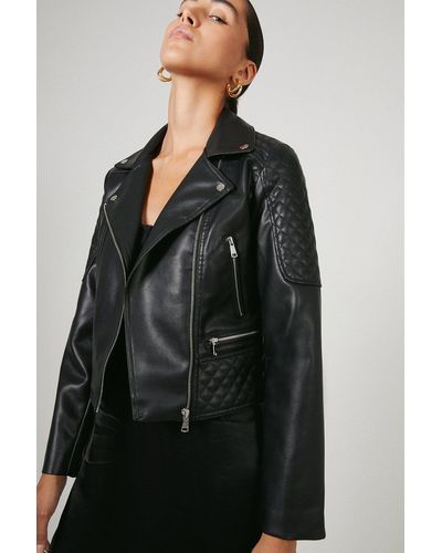 Warehouse Faux Leather Quilted Shoulder Biker Jacket - Black