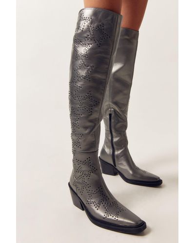 Nasty Gal Real Leather Metallic Star Studed Over The Knee Cowboy Boots - Multicolour