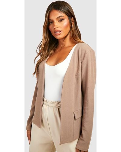 Boohoo Basic Jersey Knit Collarless Fitted Blazer - Natural