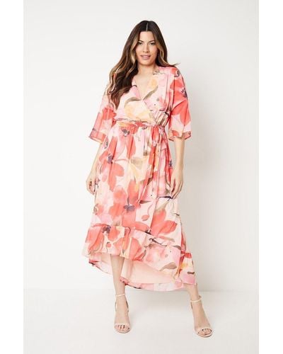 Wallis Kimono Sleeve Hi Lo Wrap Dress - Pink