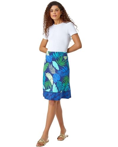 Roman A-line Palm Leaf Border Stretch Skirt - Blue