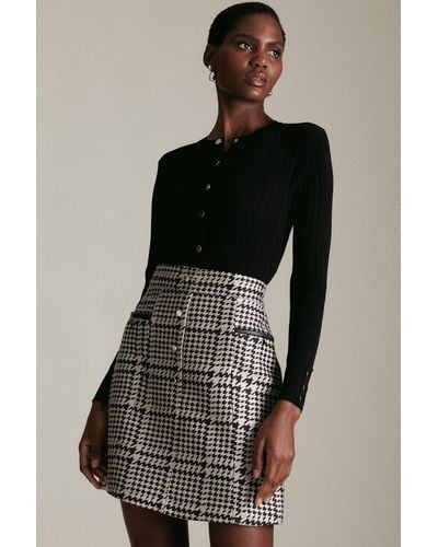 Karen Millen Dogtooth Check Jacquard A Line Skirt - Black
