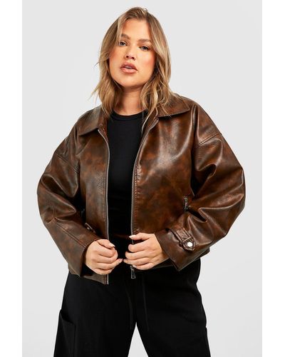 Boohoo Plus Vintage Look Faux Leather Jacket - Brown