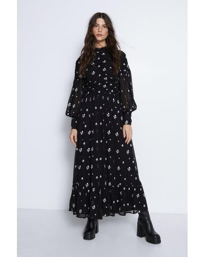 Warehouse Petite Embroidered Dobby Ruched Maxi Dress - Black