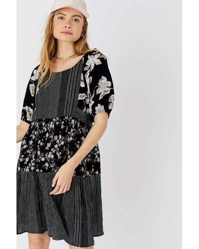 Accessorize Check And Floral Puff Sleeve Dress - Black