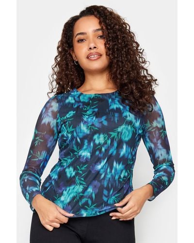 M&CO. Floral Mesh Sleeve Top - Blue