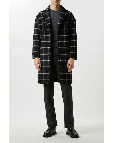 Burton Relaxed Fit Wool Checked Overcoat - Black