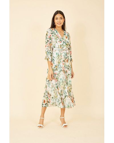Yumi' Ivory Floral Print Midi Wrap Dress With Pleated Skirt - Natural