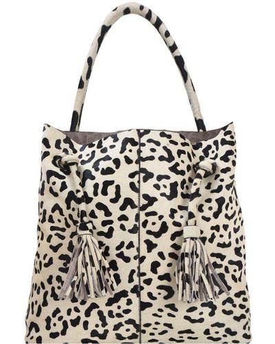 Sostter Ivory Leopard Print Drawcord Leather Hobo Shoulder Bag - Black