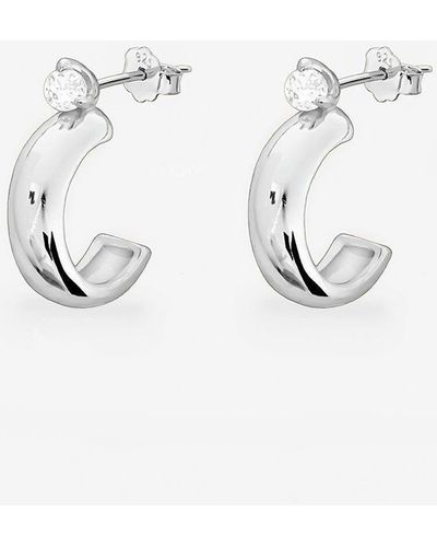 MUCHV Silver Thick Huggie Hoop Earrings With Sparkling Stone - White