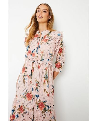 Oasis Pink Floral Broderie Button Through Midi Dress