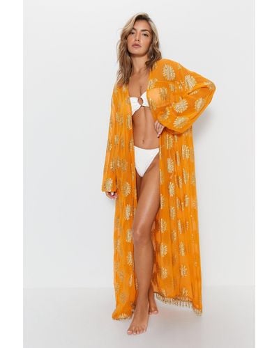 Warehouse Viscose Georgette Glitter Flower Beaded Maxi Cover Up Kimono - Orange